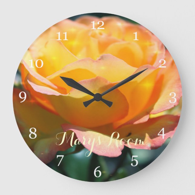Gorgeous yellow rose flower wall clock with name (Front)