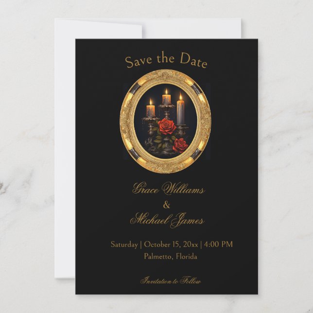 Gorgeously Gothic Candles & Roses Save The Date Invitation (Front)