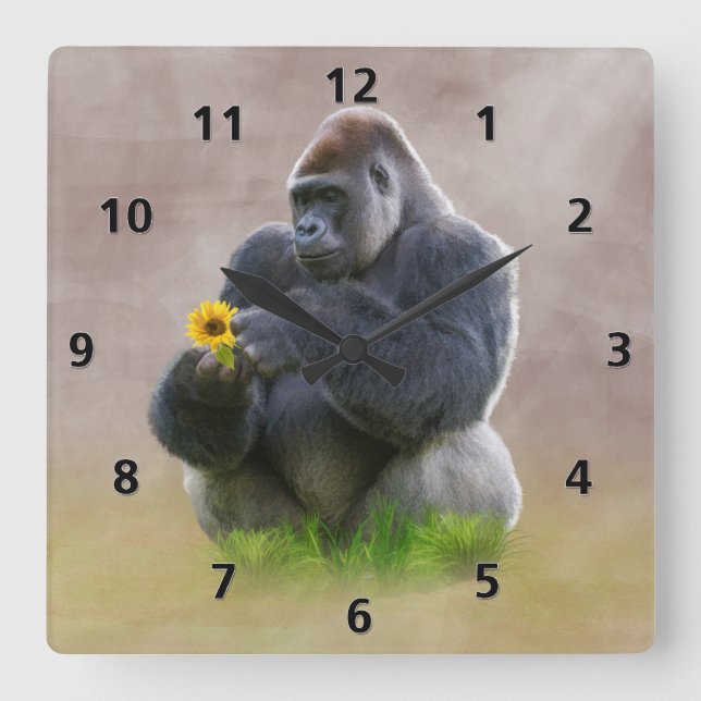 Gorilla and Yellow Daisy Square Wall Clock (Front)