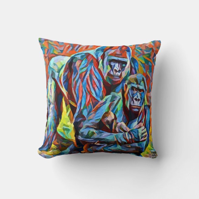 Gorilla Ape Family Abstract Animals Wildlife Art  Cushion (Front)