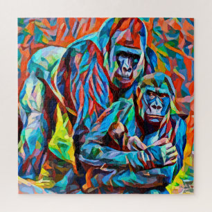 Gorilla Ape Family Abstract Animals Wildlife Art  Jigsaw Puzzle