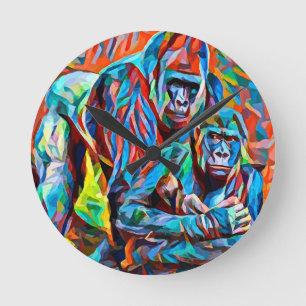 Gorilla Ape Family Abstract Animals Wildlife Art  Round Clock