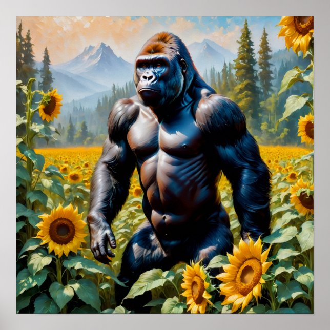 Gorilla Ape In A Field Of Sunflower Poster (Front)