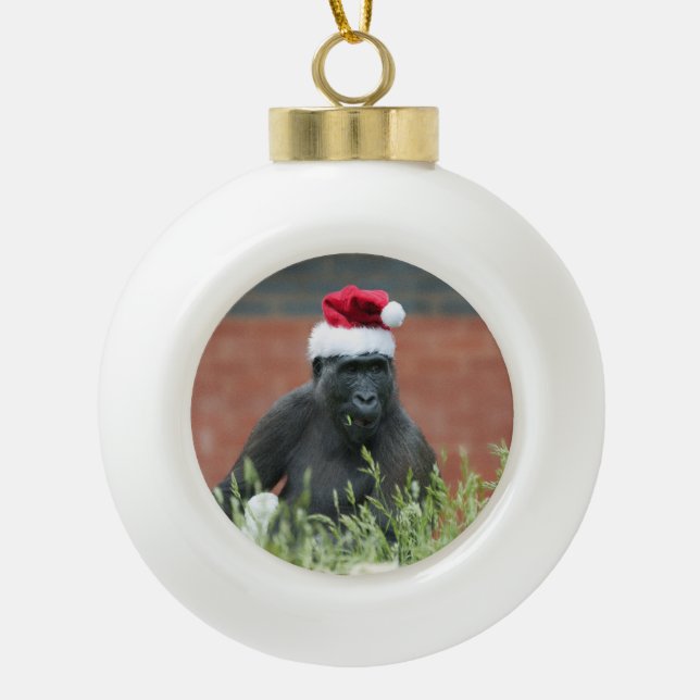 Gorilla At Christmas Ceramic Ball Christmas Ornament (Front)
