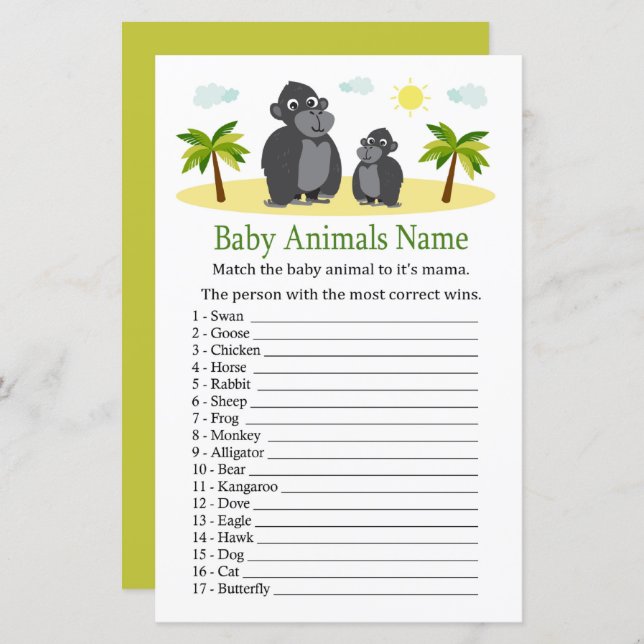 Gorilla Baby Animals Name Game (Front/Back)