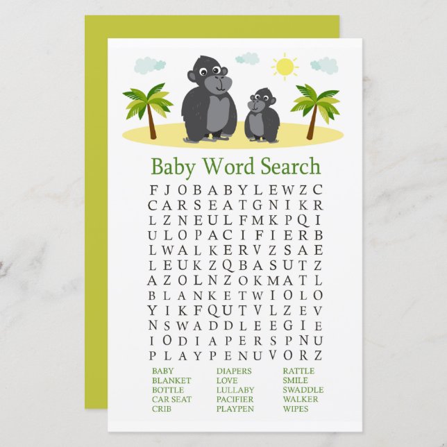 Gorilla Baby Shower Word Search Game (Front/Back)