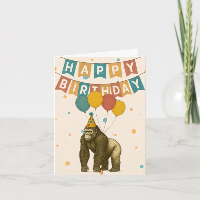 Gorilla Birthday Card – Funny Animal with Balloons (Front)