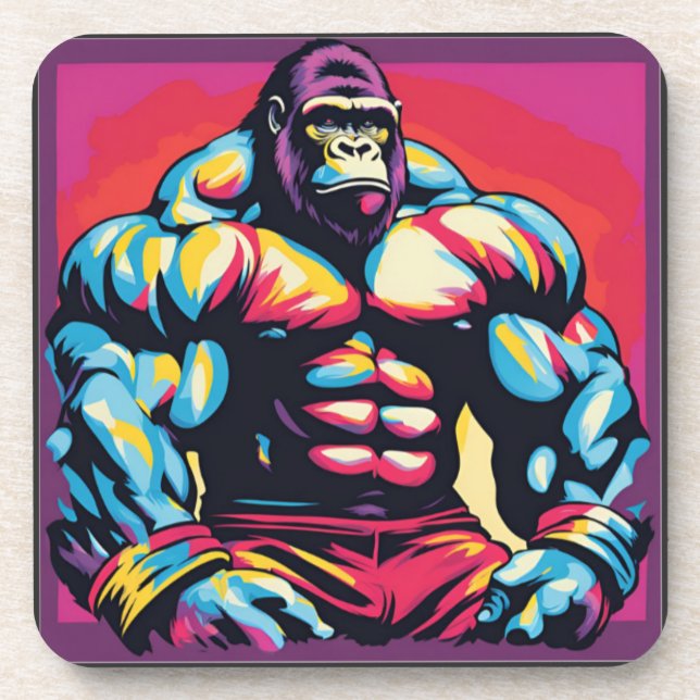 Gorilla Bodybuilder Lifter Pop Art Cartoon Coaster (Front)