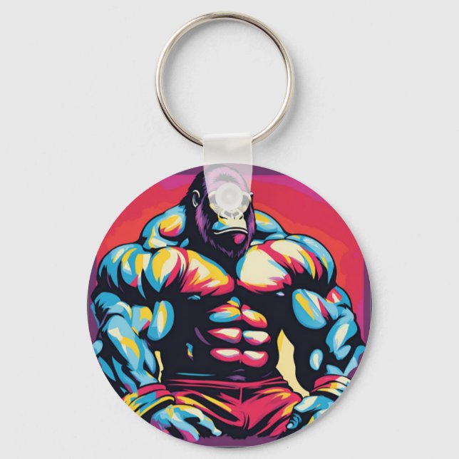 Gorilla Bodybuilder Lifter Pop Art Cartoon Key Ring (Front)