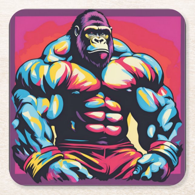 Gorilla Bodybuilder Lifter Pop Art Cartoon Square Paper Coaster (Front)