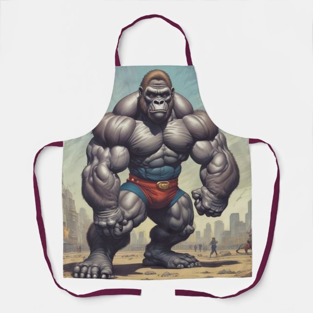Gorilla Bodybuilder Pop Art Cartoon Drawing Apron (Front)
