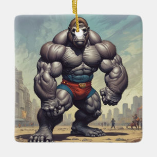 Gorilla Bodybuilder Pop Art Cartoon Drawing Ceramic Ornament