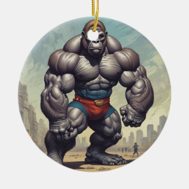 Gorilla Bodybuilder Pop Art Cartoon Drawing Ceramic Ornament (Front)