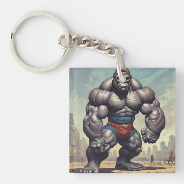 Gorilla Bodybuilder Pop Art Cartoon Drawing Key Ring (Front)