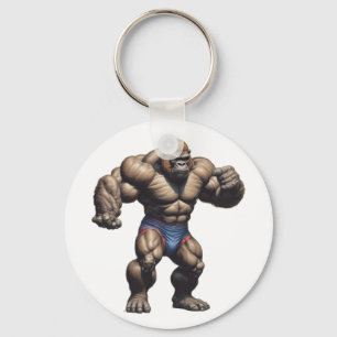 Gorilla Bodybuilder Pop Art Cartoon Drawing Key Ring