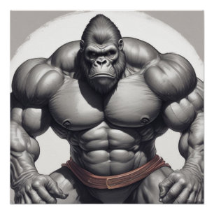 Gorilla Bodybuilder Pop Art Cartoon Drawing Poster