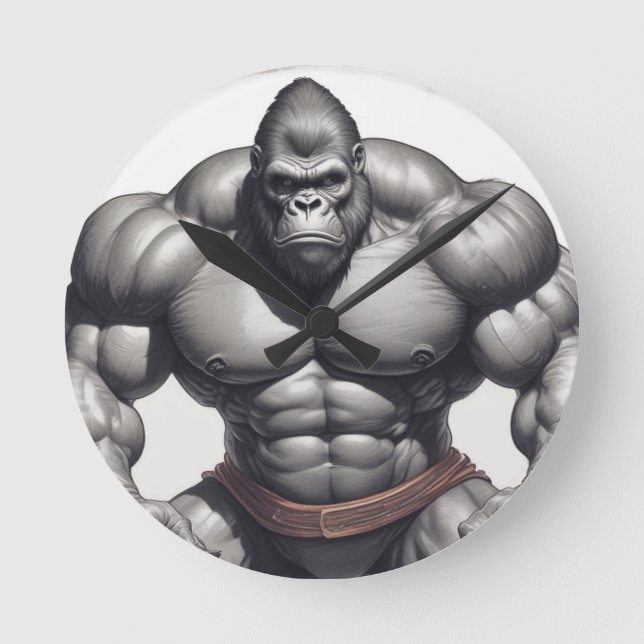 Gorilla Bodybuilder Pop Art Cartoon Drawing Round Clock (Front)