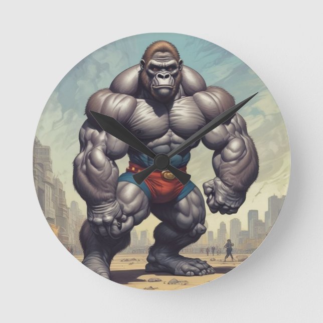 Gorilla Bodybuilder Pop Art Cartoon Drawing Round Clock (Front)