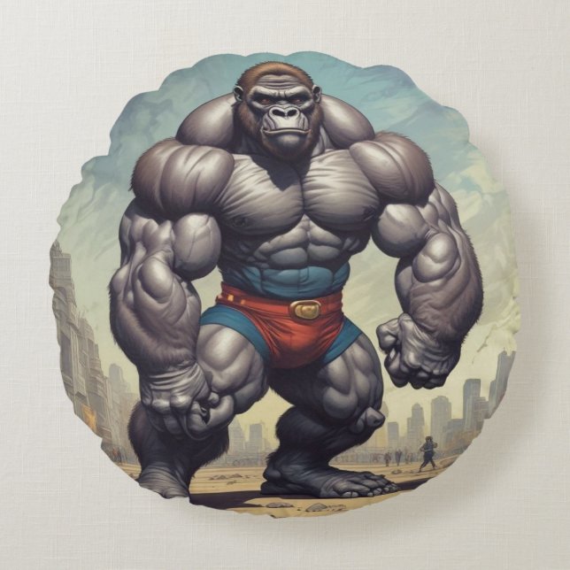 Gorilla Bodybuilder Pop Art Cartoon Drawing Round Cushion (Front)