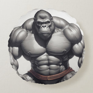 Gorilla Bodybuilder Pop Art Cartoon Drawing Round Cushion