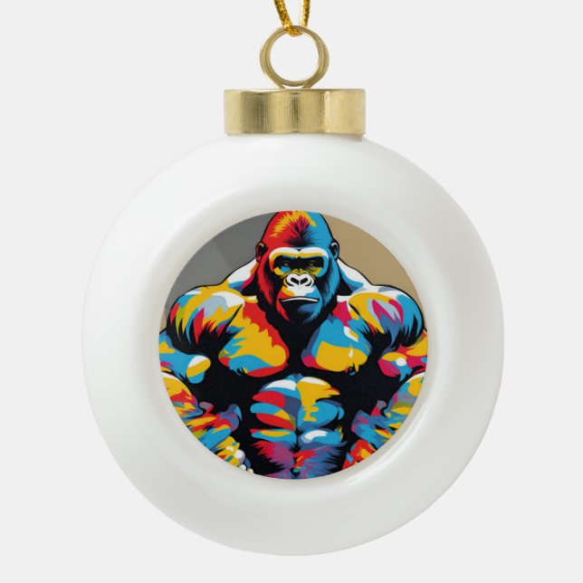 Gorilla Bodybuilder Weight Lifter Pop Art Cartoon Ceramic Ball Christmas Ornament (Front)