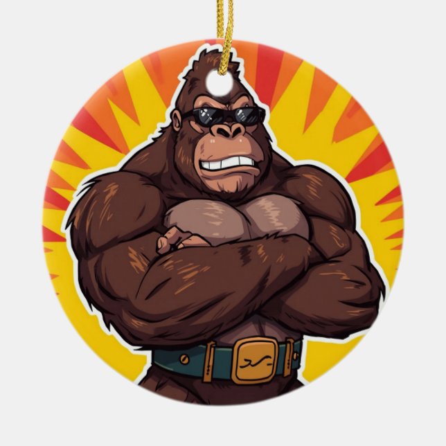 Gorilla Bodybuilder Weight Lifter Pop Art Cartoon Ceramic Ornament (Front)