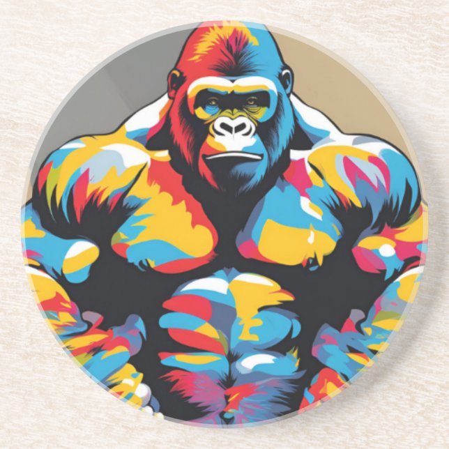 Gorilla Bodybuilder Weight Lifter Pop Art Cartoon Coaster (Front)
