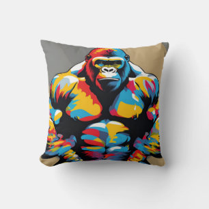 Gorilla Bodybuilder Weight Lifter Pop Art Cartoon Cushion