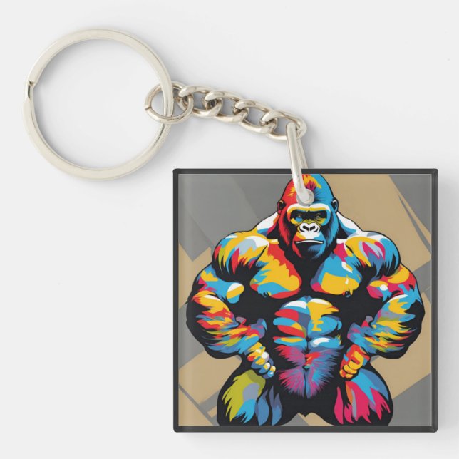 Gorilla Bodybuilder Weight Lifter Pop Art Cartoon Key Ring (Front)