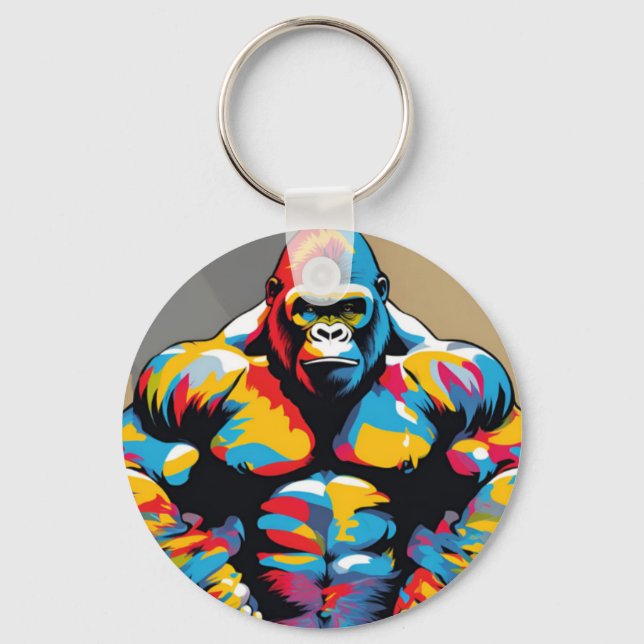 Gorilla Bodybuilder Weight Lifter Pop Art Cartoon Key Ring (Front)