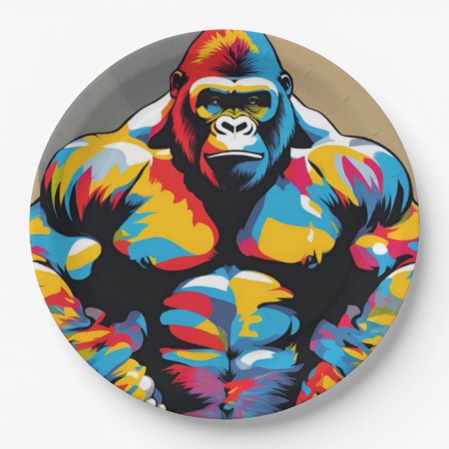 Gorilla Bodybuilder Weight Lifter Pop Art Cartoon Paper Plate (Front)