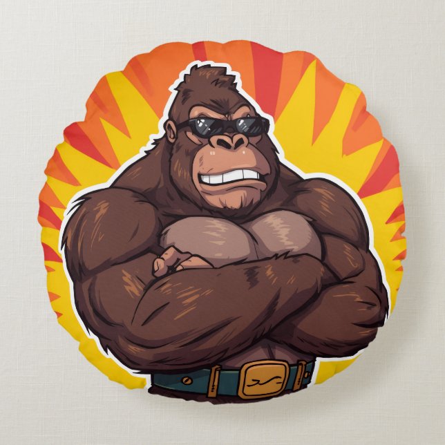 Gorilla Bodybuilder Weight Lifter Pop Art Cartoon Round Cushion (Front)