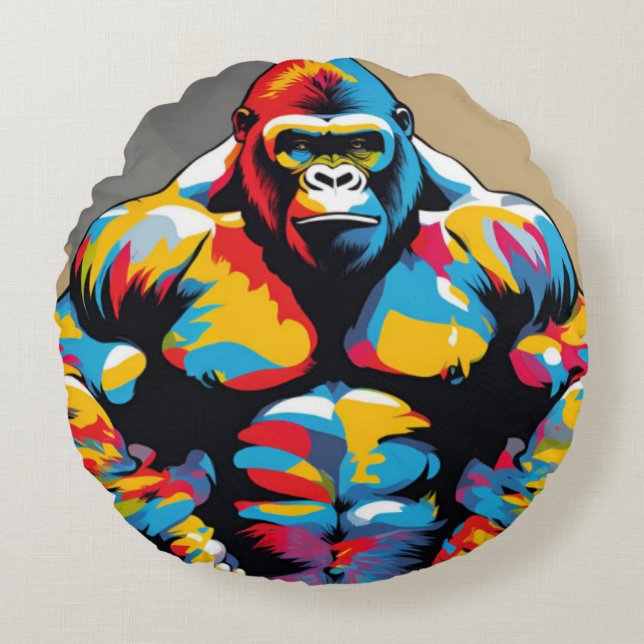 Gorilla Bodybuilder Weight Lifter Pop Art Cartoon Round Cushion (Front)