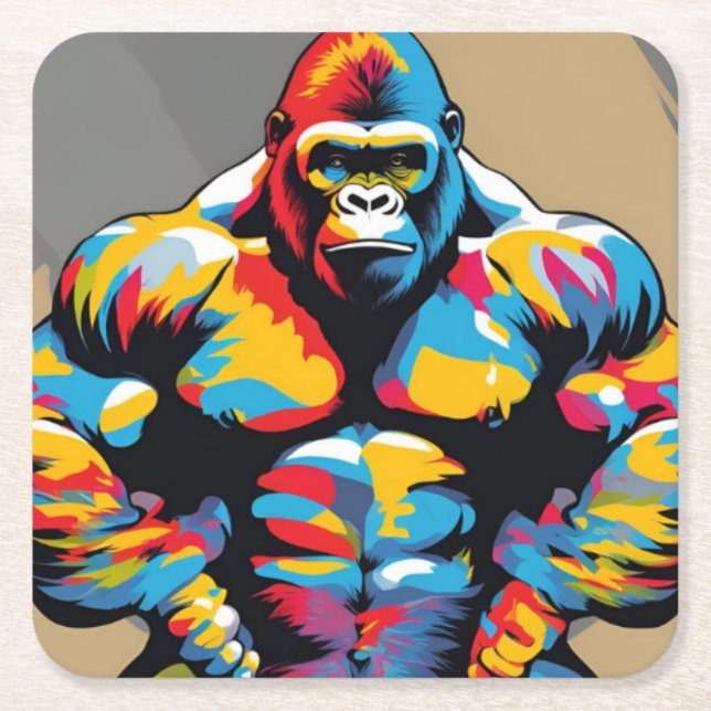 Gorilla Bodybuilder Weight Lifter Pop Art Cartoon Square Paper Coaster (Front)