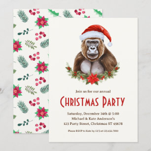 Gorilla in a Santa Hat Poinsettias Christmas Party Invitation