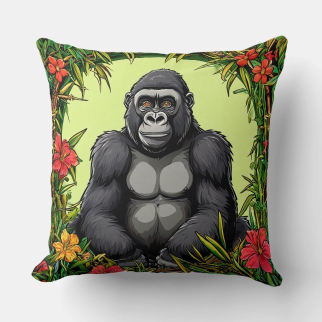 Gorilla in a Tropical Bamboo Frame Cushion (Front)