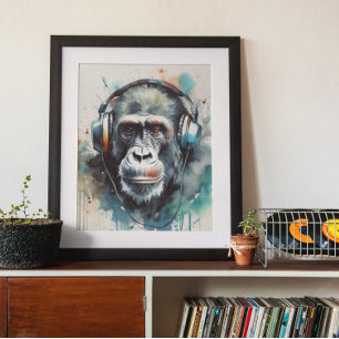 Gorilla listening to headphones poster