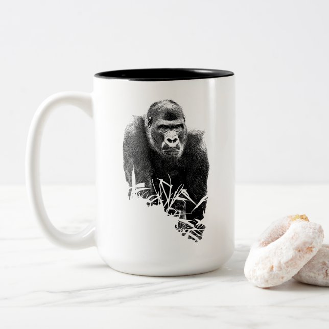 Gorilla Lope Digital Outline Art Two-Tone Coffee Mug (With Donut)