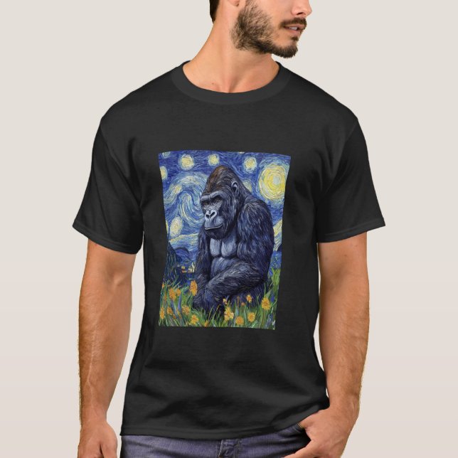 Gorilla Monkey  Van Gogh Style  Starry Night Graph T-Shirt (Front)
