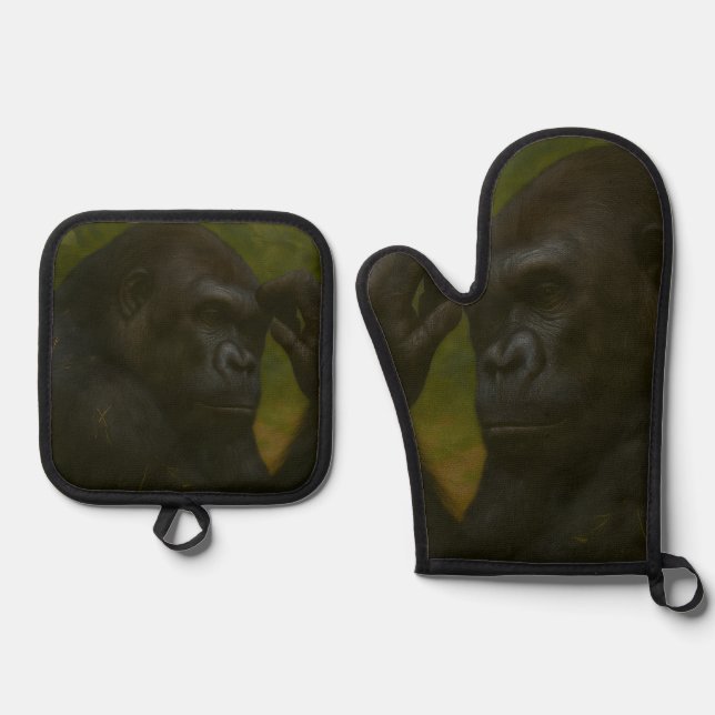 Gorilla Reflection – Thoughtful Wildlife Portrait Oven Mitt & Pot Holder Set (Front)
