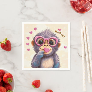 Gorilla Valentine's Day Heart Badge Kids School Napkin