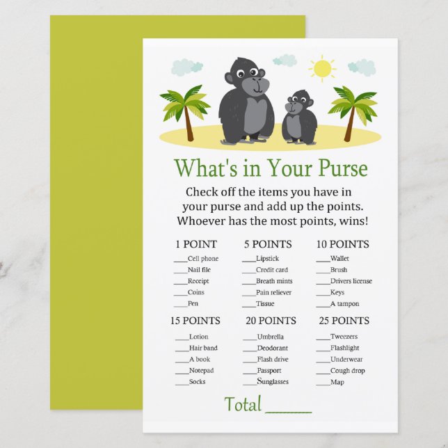 Gorilla What's in your purse game baby shower (Front/Back)