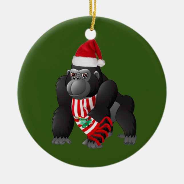 Gorilla With Hat Scaft Christmas Ceramic Ornament (Front)
