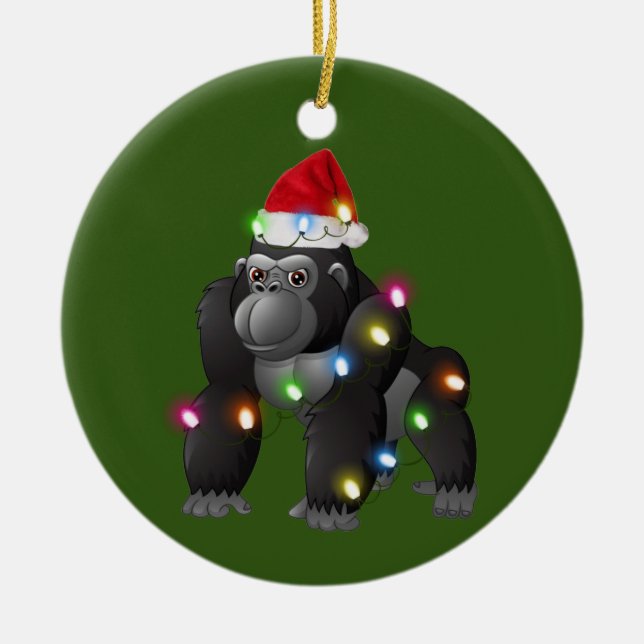 Gorilla With Hat Scaft Christmas Ceramic Ornament (Front)
