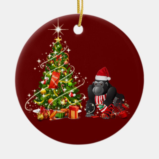 Gorilla With Hat Scafts  Christmas Ceramic Ornament (Front)