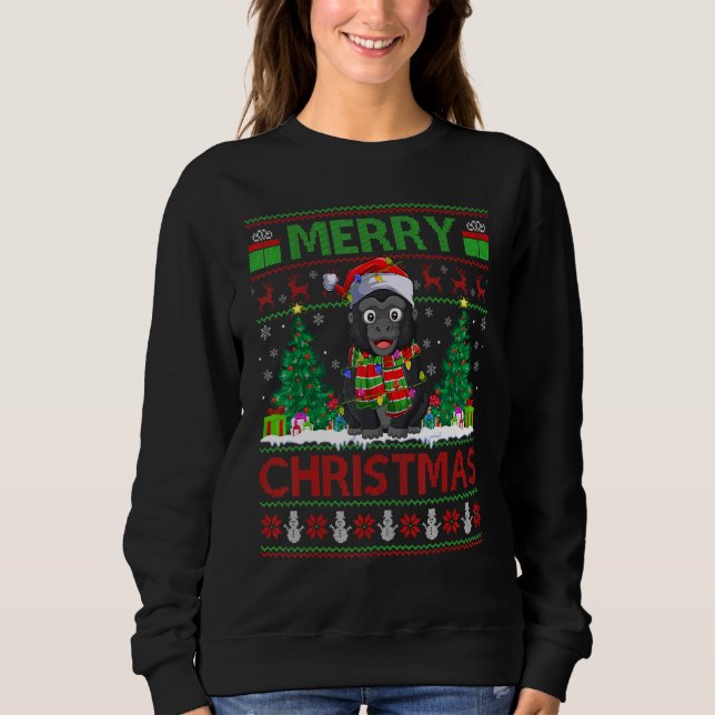 Gorilla Xmas Tree Lights Ugly Santa Gorilla Christ Sweatshirt (Front)