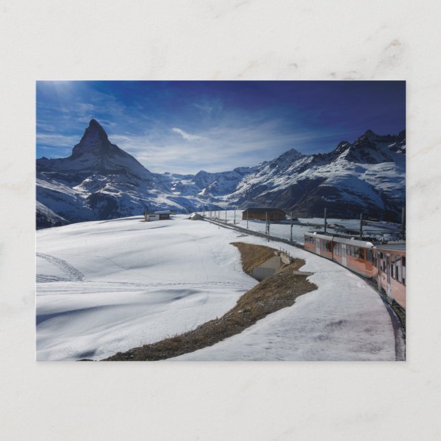 Gornergrat railway train and Matterhorn in Zermatt Postcard (Front)