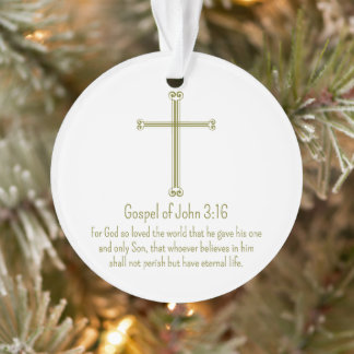 Gospel of John 3:16 Gold Cross Simple White Ornament