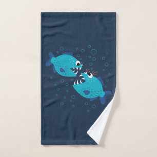 Gossiping Blue Piranha Fish Hand Towel