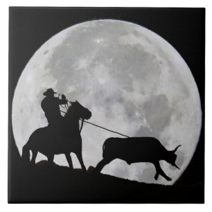 "Gotcha" Cowboy and Horse Steer Roping Full Moon Ceramic Tile